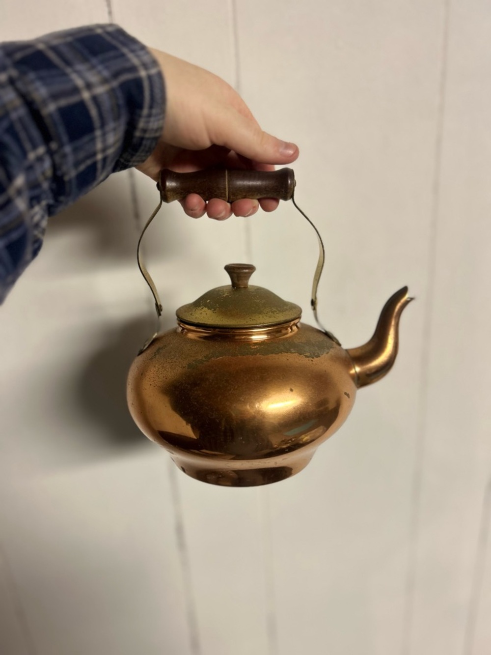 Vintage Copper Kettle Teapot with Wooden Handle and Gold Brass Accents, Patina